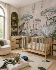 Kids safari animals wallpaper in a modern nursery with a crib.