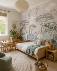 Kids safari animals wallpaper in a toddler bedroom with a child-sized bed.