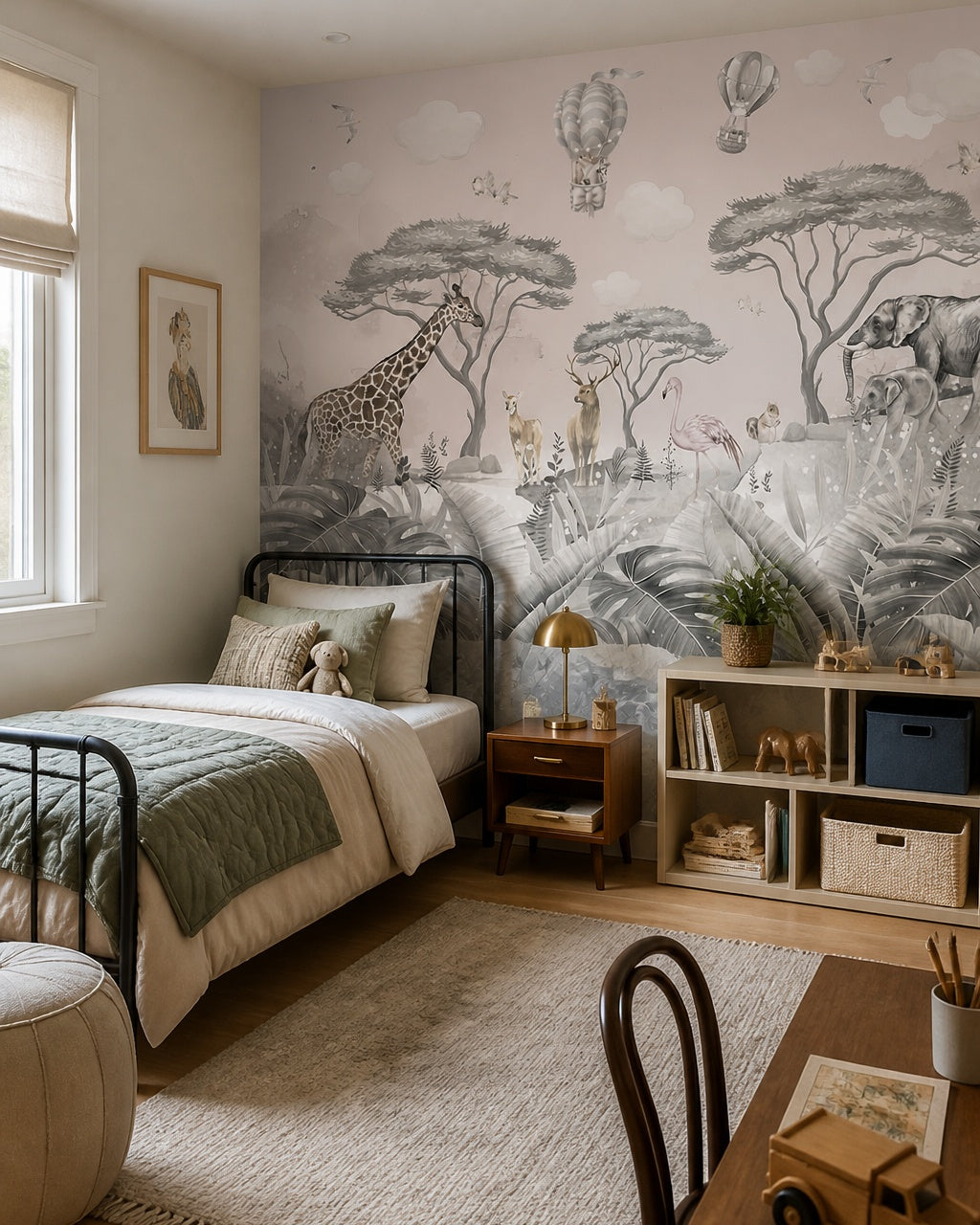 Kids safari animals wallpaper in a boy’s bedroom.