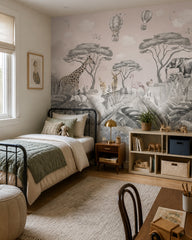 Kids safari animals wallpaper in a boy’s bedroom.