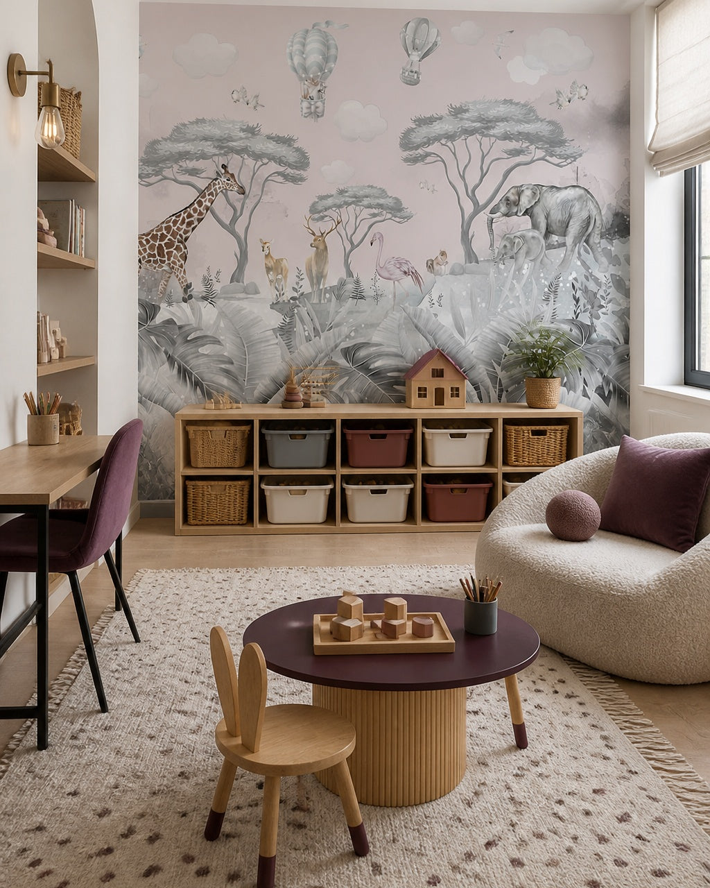 Kids safari animals wallpaper in a children’s playroom.