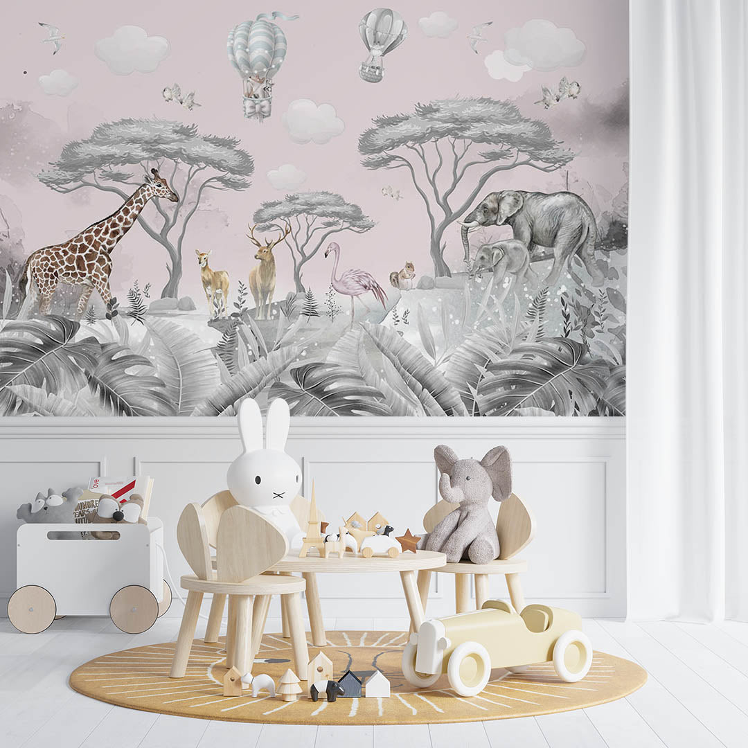 Kids Wall Mural Safari Animals Tropical Inspired Wallpaper for Kids Room