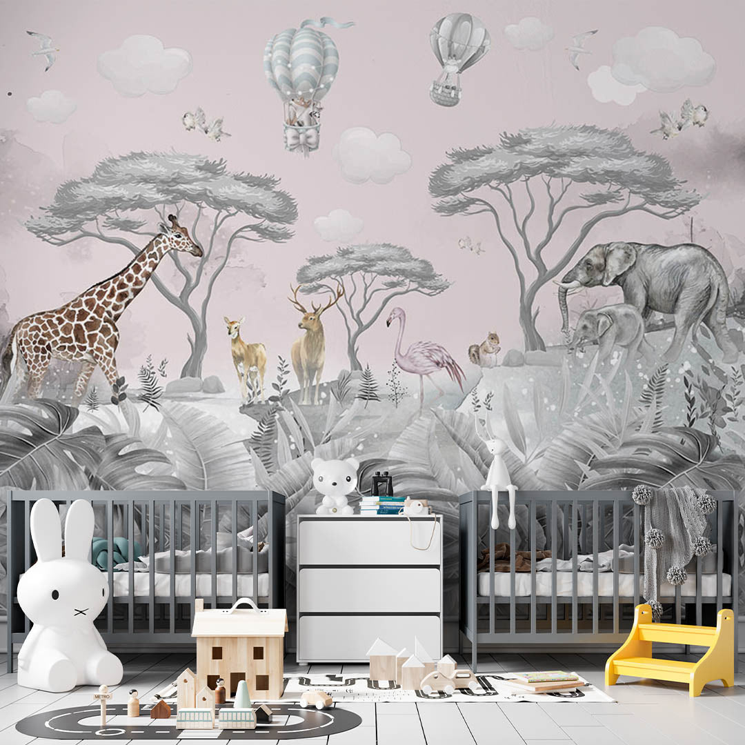 Kids Wall Mural Safari Animals Tropical Inspired Wallpaper for Kids Room