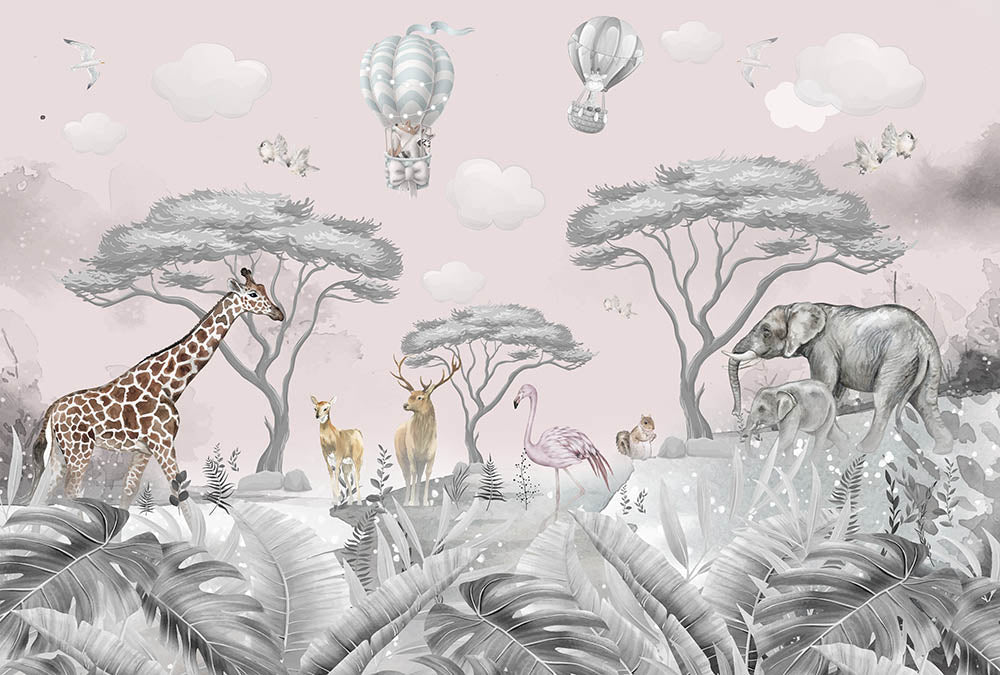 Papier peint panoramique enfant animaux du safari – Papier peint d’inspiration tropicale pour chambre d’enfant