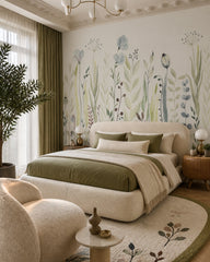 Watercolor meadow wallpaper in a designer bedroom.