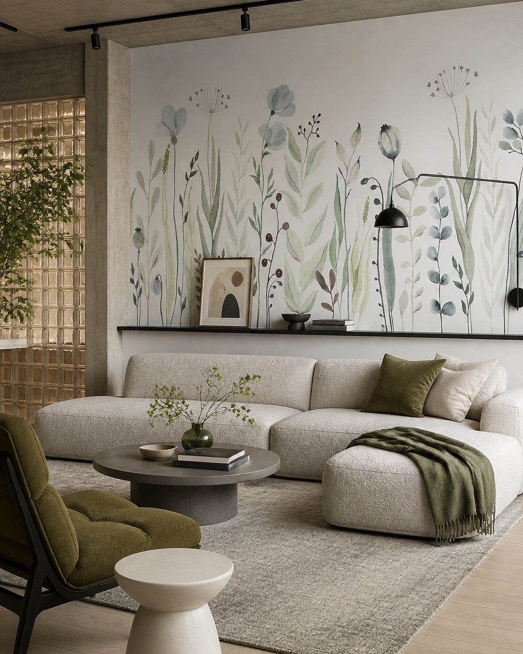 Watercolor meadow wallpaper in a designer living room.