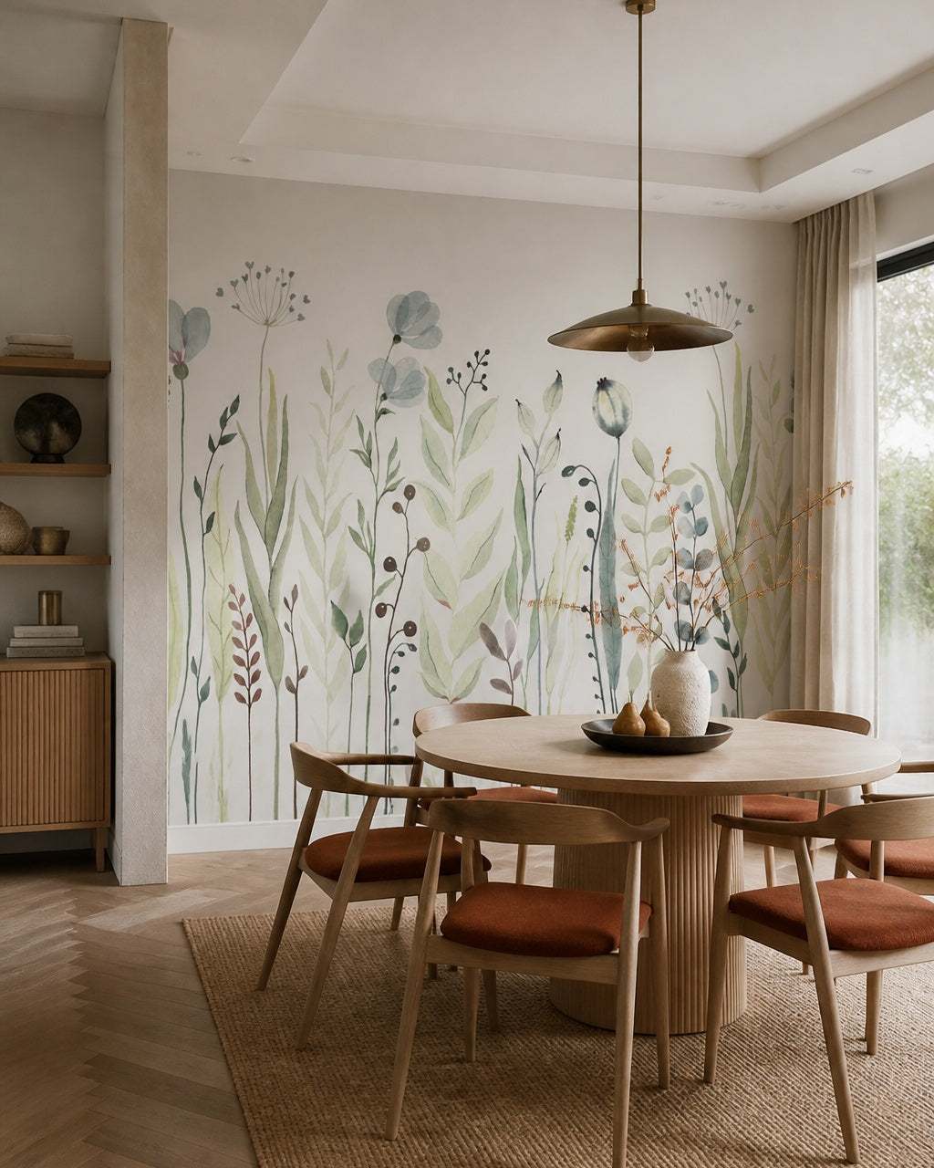 Watercolor meadow wallpaper in a refined dining area.