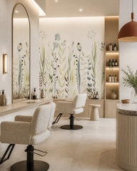 Watercolor meadow wallpaper in a beauty salon.