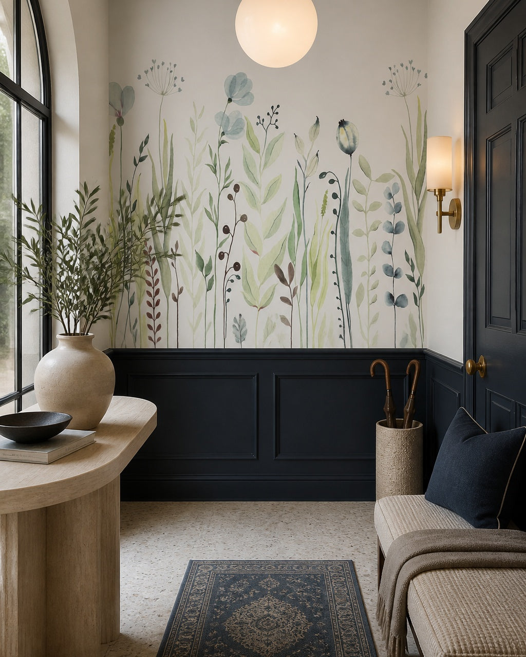 Watercolor meadow wallpaper in a designer entrance hall.