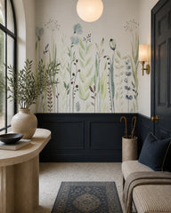 Watercolor meadow wallpaper in a designer entrance hall.