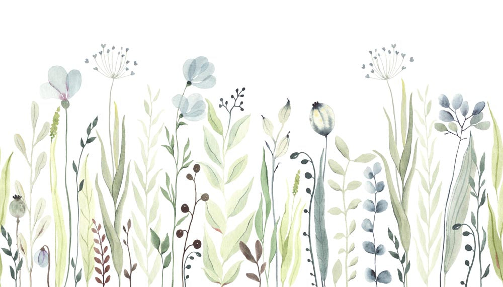 Aquarelbehang met bloemenweide – pastelwilde bloemen en grassen