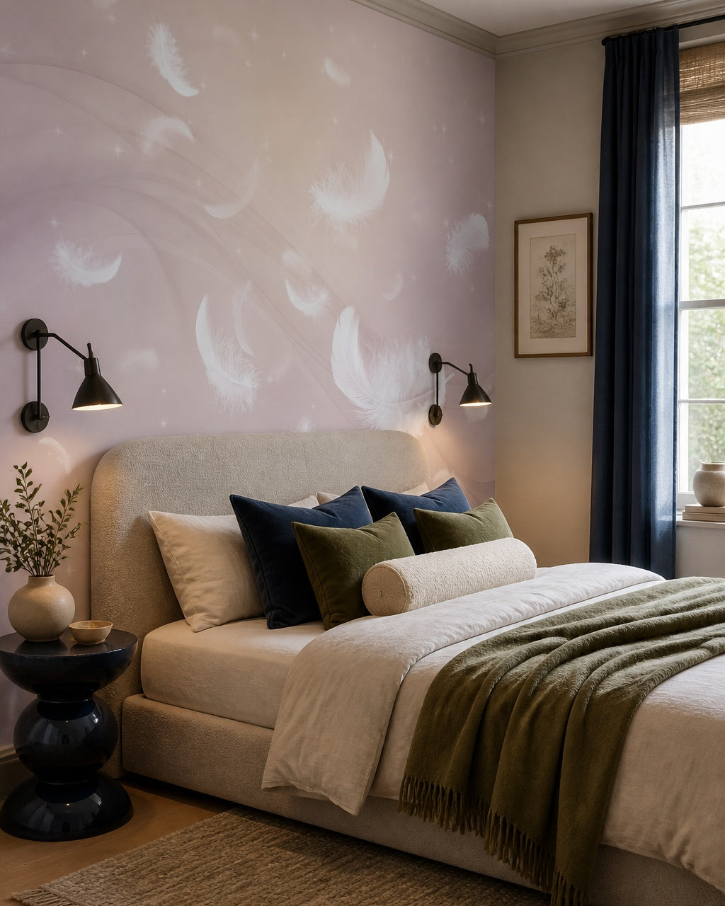 White feathers on lilac wallpaper in a designer bedroom.