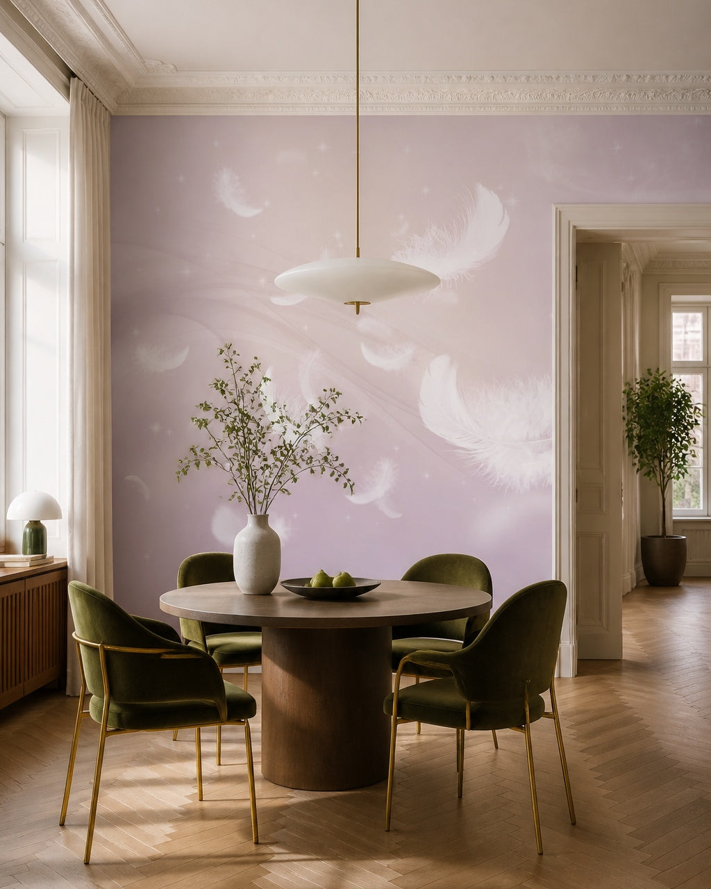 White feathers on lilac wallpaper in a refined dining area.
