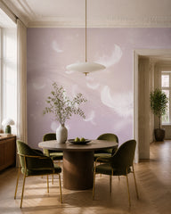 White feathers on lilac wallpaper in a refined dining area.