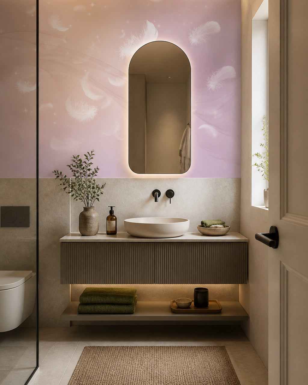 White feathers on lilac wallpaper in an elegant powder room.