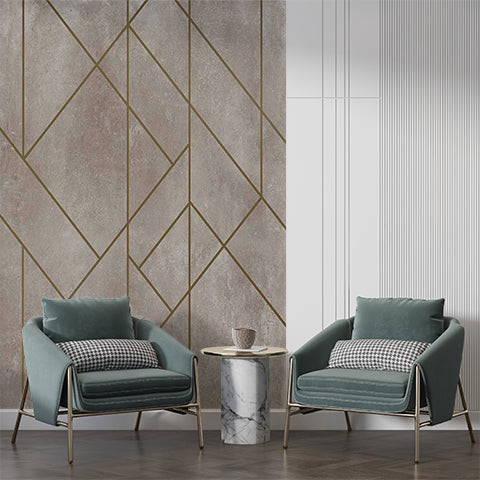 Luxurious Gold Geometric Lines on Textured Taupe Wall Mural Wallpaper - Elegant Modern Design