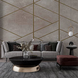 Luxurious Gold Geometric Lines on Textured Taupe Wall Mural Wallpaper - Elegant Modern Design