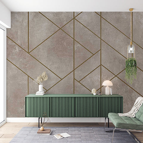 Luxurious Gold Geometric Lines on Textured Taupe Wall Mural Wallpaper - Elegant Modern Design