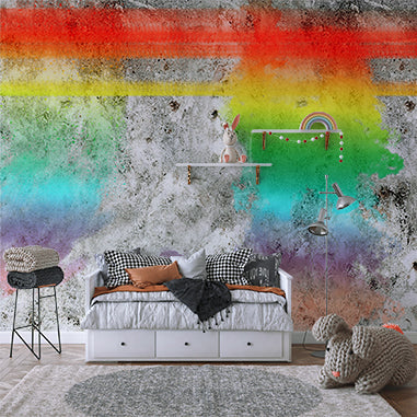 Vibrant Rainbow Streaks and Splatters on Grunge Concrete Wall Murals