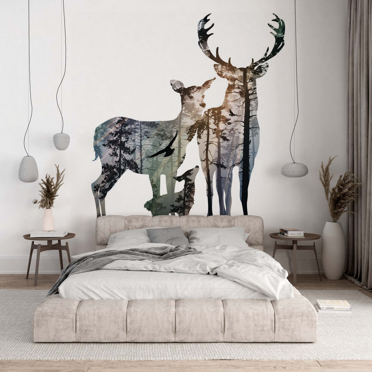 Deer Silhouette Forest Wall Mural Animals Minimal Design Wallpaper