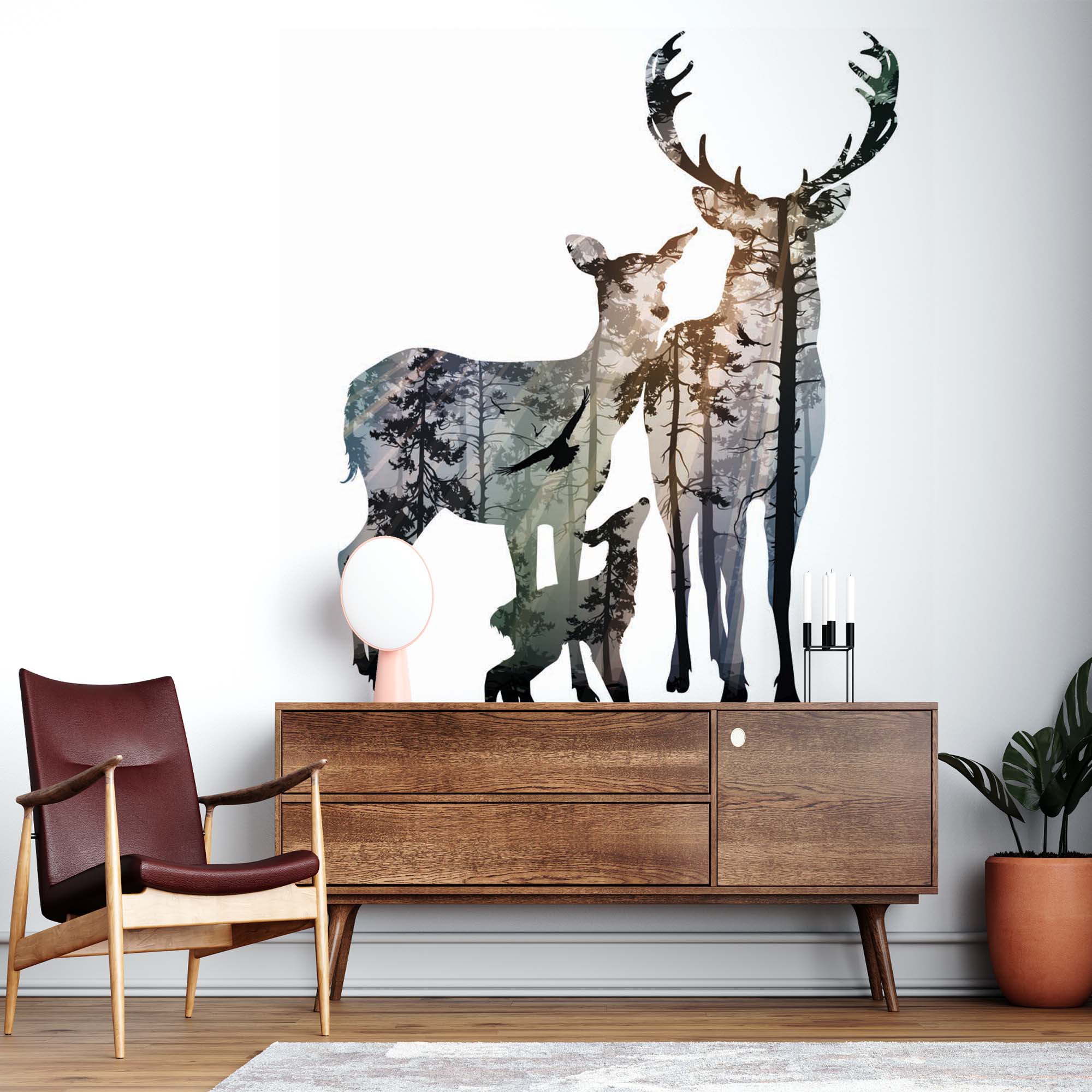 Deer Silhouette Forest Wall Mural Animals Minimal Design Wallpaper