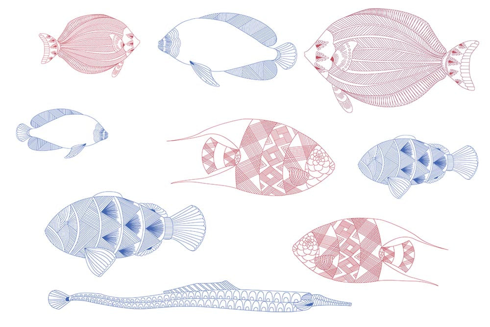 Papier peint poissons roses et bleus – Papier peint panoramique scandinave poissons sur blanc