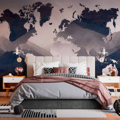 Custom Mountainous Landscape World Map Wall Mural Wallpaper with Foggy Overlay