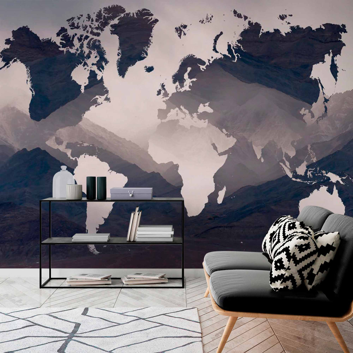 Custom Mountainous Landscape World Map Wall Mural Wallpaper with Foggy Overlay