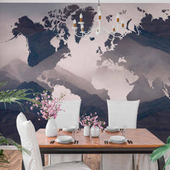 Custom Mountainous Landscape World Map Wall Mural Wallpaper with Foggy Overlay