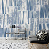 Blue and White Striped and Wavy Patterns Patchwork Wallpaper