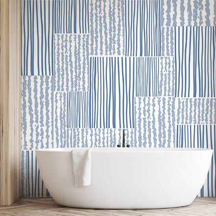 Blue and White Striped and Wavy Patterns Patchwork Wallpaper