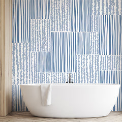 Custom Blue and White Striped and Wavy Patterns Patchwork Wallpaper