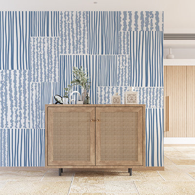 Blue and White Striped and Wavy Patterns Patchwork Wallpaper