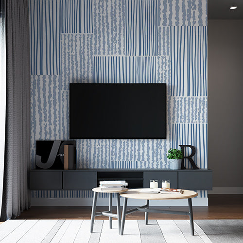 Blue and White Striped and Wavy Patterns Patchwork Wallpaper