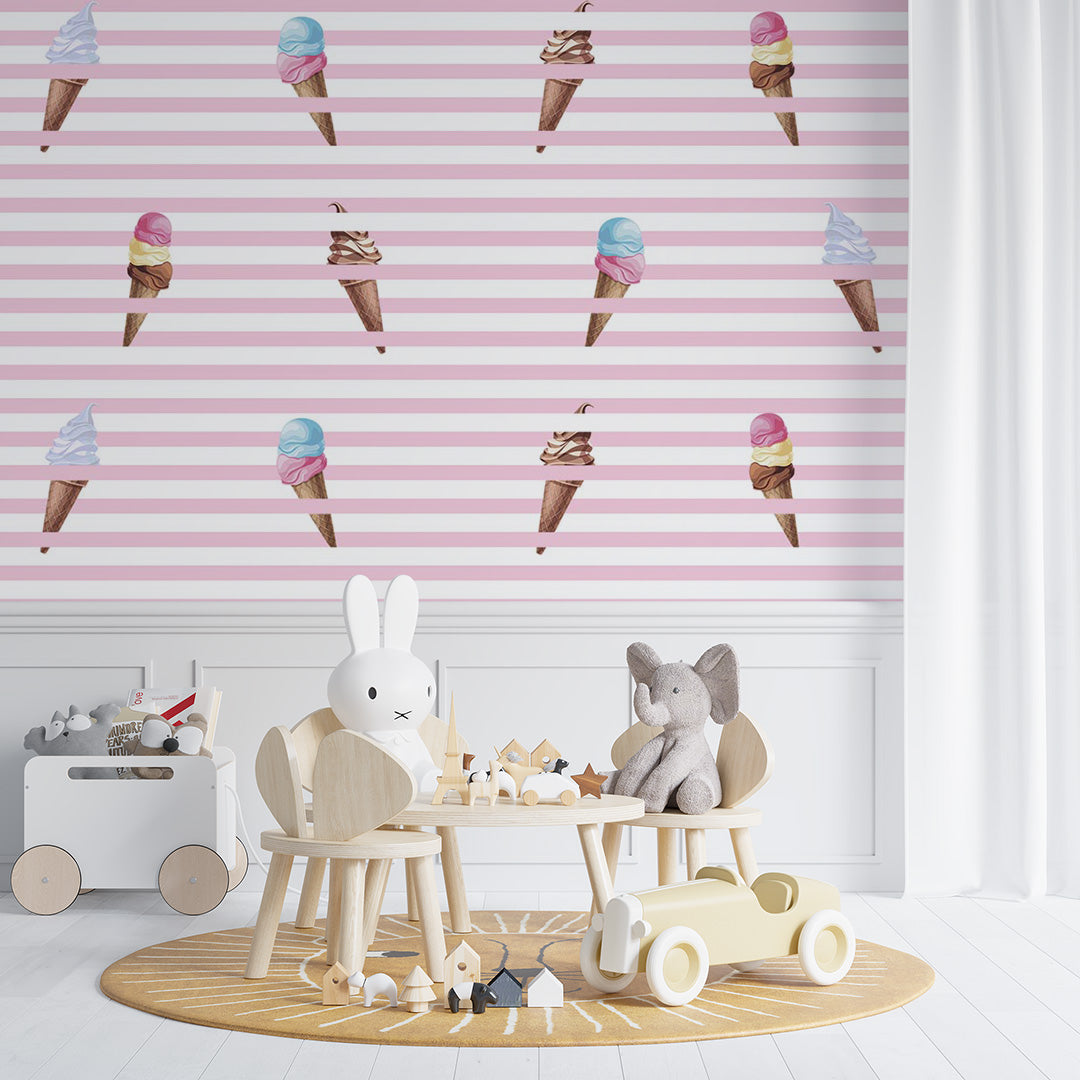 Custom Kids Wall Mural Pink Stripes Ice Cream Trendy Wallpaper for Girl