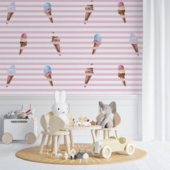 Custom Kids Wall Mural Pink Stripes Ice Cream Trendy Wallpaper for Girl