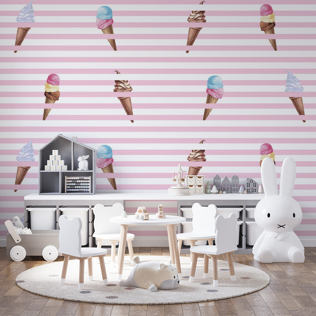 Kids Wall Mural Pink Stripes Ice Cream Trendy Wallpaper for Girl