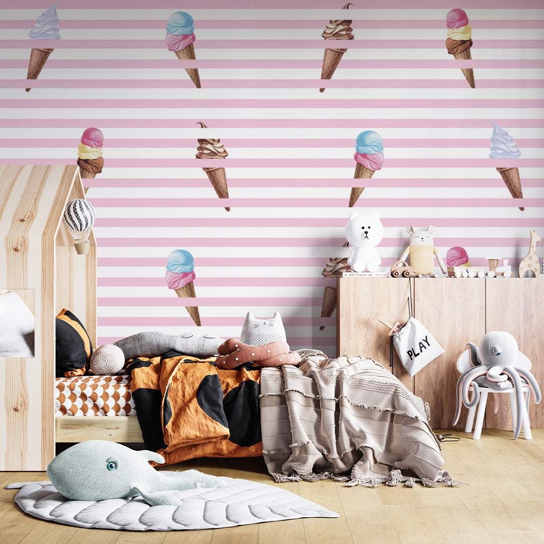 Kids Wall Mural Pink Stripes Ice Cream Trendy Wallpaper for Girl