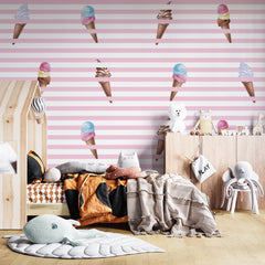 Custom Kids Wall Mural Pink Stripes Ice Cream Trendy Wallpaper for Girl