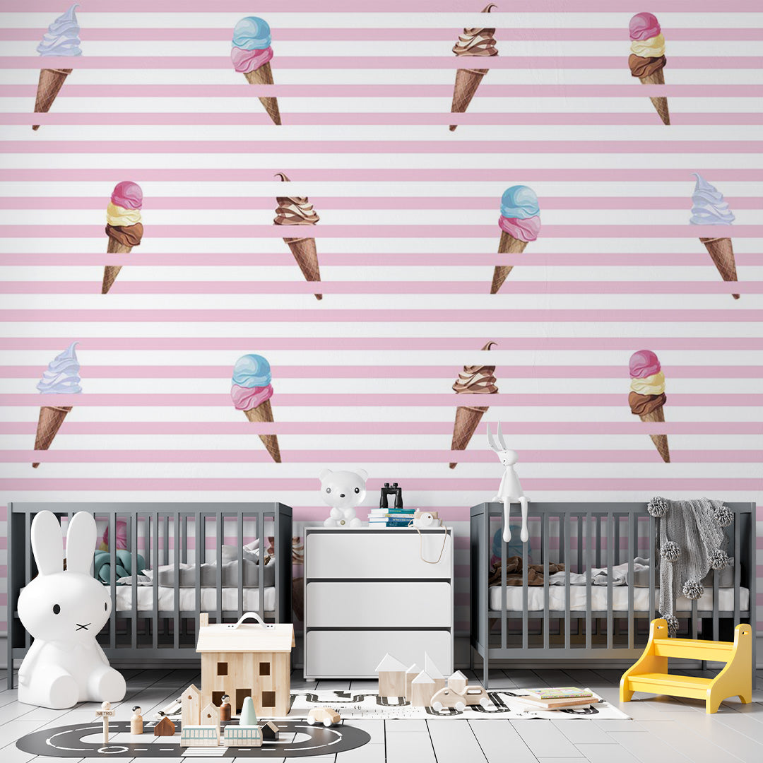 Kids Wall Mural Pink Stripes Ice Cream Trendy Wallpaper for Girl