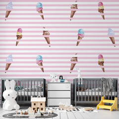 Custom Kids Wall Mural Pink Stripes Ice Cream Trendy Wallpaper for Girl