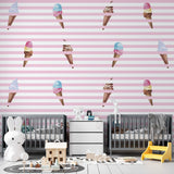 Kids Wall Mural Pink Stripes Ice Cream Trendy Wallpaper for Girl