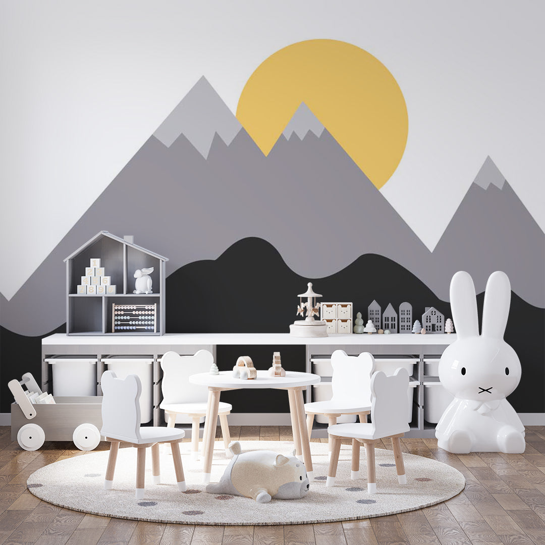 Kids Wall Murals Scandinavian Black Grey Mountains Bright Sun Wallpaper for Kids