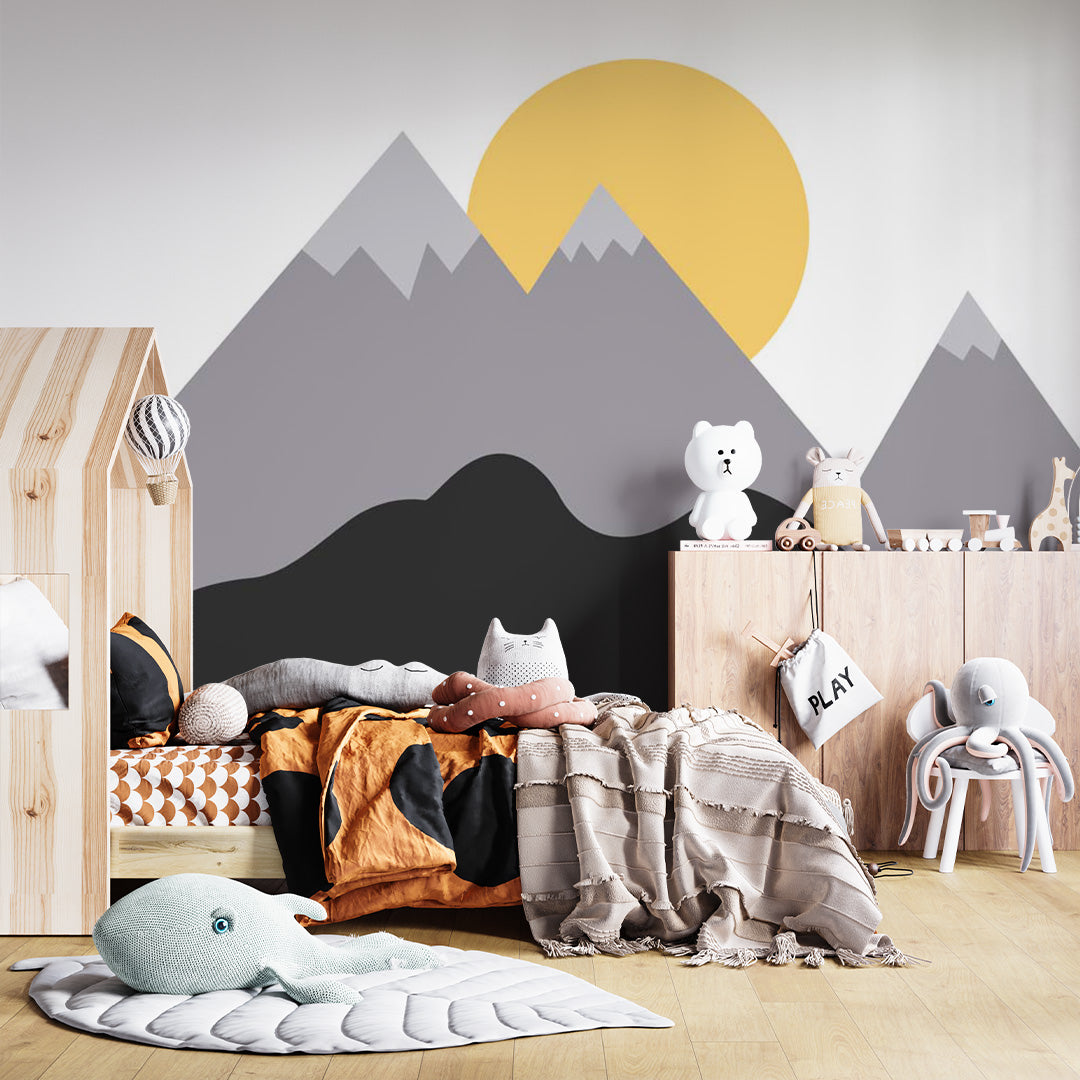 Kids Wall Murals Scandinavian Black Grey Mountains Bright Sun Wallpaper for Kids