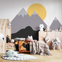 Custom Kids Wall Murals Scandinavian Black Grey Mountains Bright Sun Wallpaper for Kids