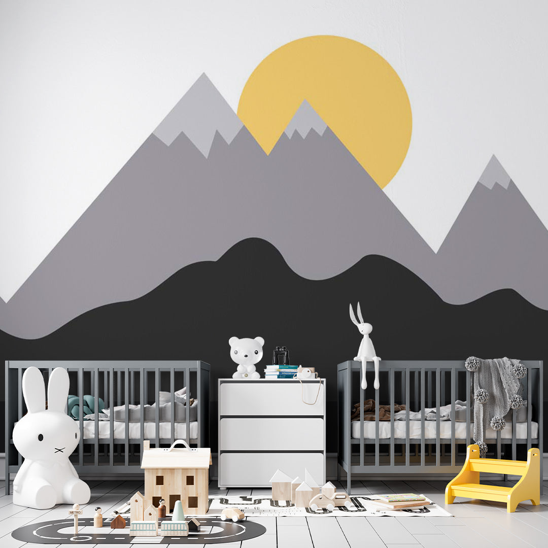 Kids Wall Murals Scandinavian Black Grey Mountains Bright Sun Wallpaper for Kids