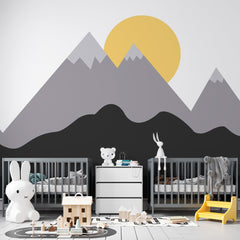 Custom Kids Wall Murals Scandinavian Black Grey Mountains Bright Sun Wallpaper for Kids