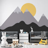 Kids Wall Murals Scandinavian Black Grey Mountains Bright Sun Wallpaper for Kids