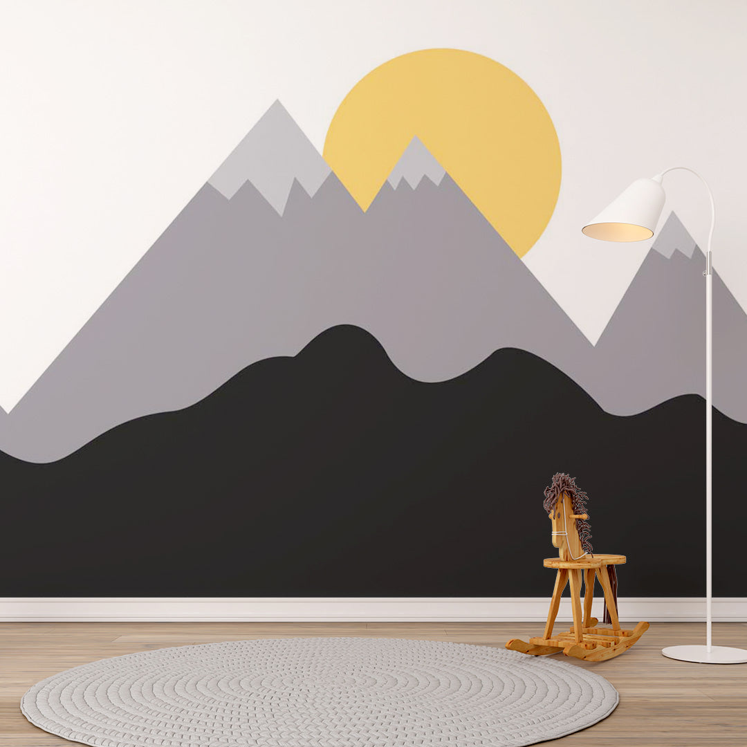 Kids Wall Murals Scandinavian Black Grey Mountains Bright Sun Wallpaper for Kids