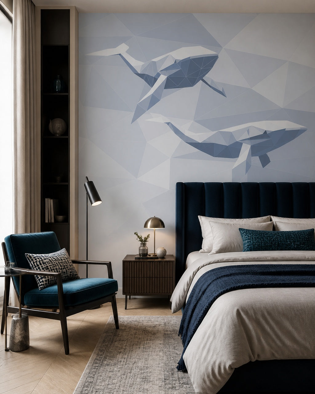Geometric whales wallpaper in a designer bedroom.